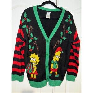 The Simpsons Sweater Cardigan Button Christmas V Neck Holiday Bart Lisa Large